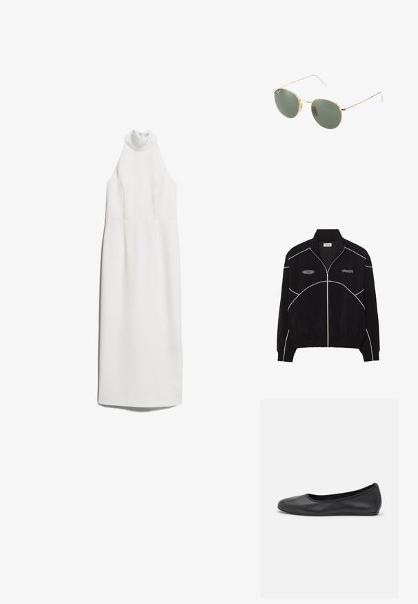 Svart hettejakke med hvit kontrastsøm, høyt krage, elastiske mansjetter og teksturert interiør. Har en logo på brystet.; IVY OAK NOLAN - Cocktailkjole - schneeweiß; Svart skinnballettflatt med rund tå, glatt tekstur, minimal sømdetalj, og et fleksibelt såledesign.; Gullmetalramme solbriller med grønne linser, rund form, tynne stenger og hvite plastdetaljer på tuppene av armene.