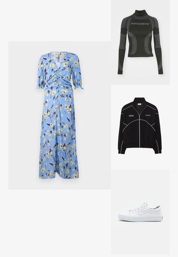 Črna jakna z zadrgo in belimi kontrastnimi šivi, visokim ovratnikom, elastičnimi manšetami in teksturirano notranjostjo. Na prsih je logotip.; Modra cvetlična midi obleka z ovitim dizajnom, nabranimi detajli v pasu in tridelnimi rokavi z elastičnimi manšeti.; Črn dolg rokav športni zgornji del z visokim ovratnikom, raztegljivo tkanino in kontrastnimi sivo-črnimi linijskimi vzorci ter logotipom "MISBHV" spredaj.; Bele platnene tenisice z nizkim profilom, okroglo konico, zavezovanjem, oblazinjenim ovratnikom in vzorčasto notranjo oblogo. Rdeča oznaka na peti.