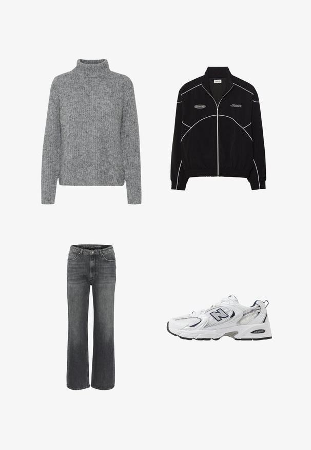 Black zip-up jacket with white contrast stitching, a high collar, elasticized cuffs, and a textured interior. Features a logo on the chest.; Gray knitted sweater with a high collar, varying textures, and a boxy shape. Features long sleeves and a hem that sits at the waist.; Leopard print strapless top with ruched texture, black lace trim along the bottom, crafted from lightweight fabric.; Wide-leg jeans in dark gray denim, featuring a classic five-pocket design, stitched detailing, and a button closure at the waist.; White athletic shoe with mesh upper, navy accents, and cushioned sole. Features "N" logo, laces, and textured detail on side.