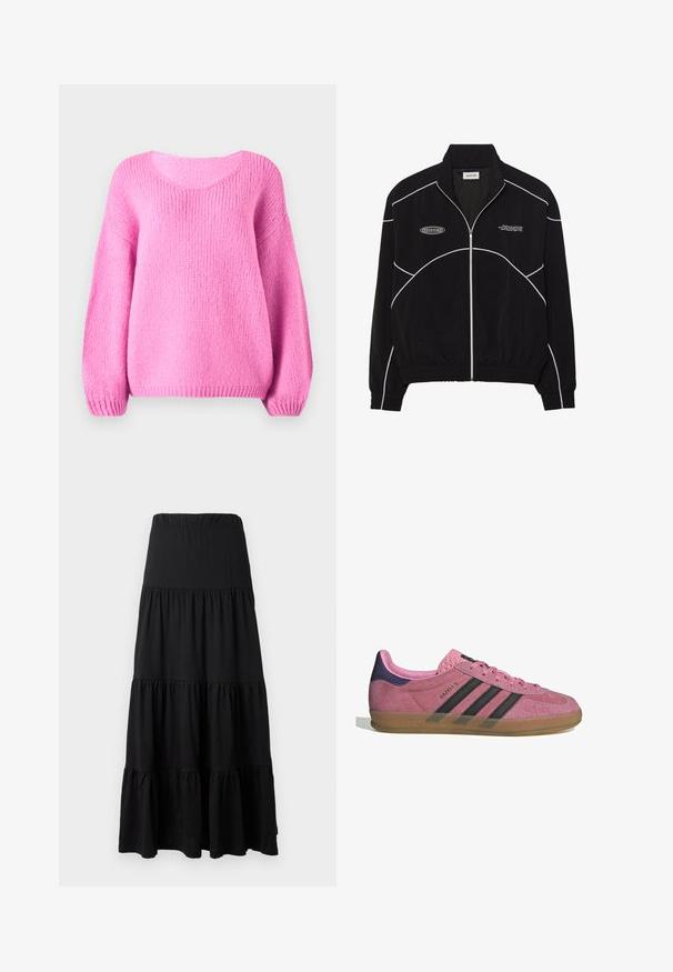 Black zip-up jacket with white contrast stitching, a high collar, elasticized cuffs, and a textured interior. Features a logo on the chest.; Pink knitted sweater with a rounded neckline, wide sleeves, and ribbed cuffs. Soft texture and relaxed fit.; Black maxi skirt made of soft fabric, featuring a tiered design with an elastic waistband and ruffled accents at the hem.; Pink suede sneaker with black stripes, gum sole, and textured purple heel. Features a lace-up design and embossed branding on the side.