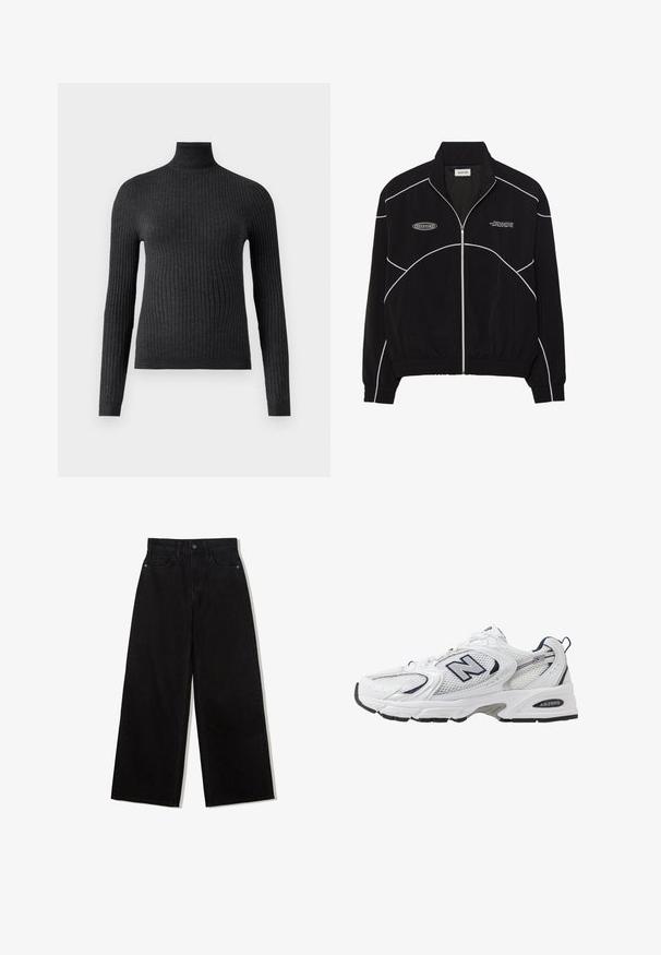 Svart zip-up jacka med vit kontrastsöm, hög krage, elastiska ärmslut och en strukturerad insida. Har en logotyp på bröstet.; Mörkgråtrolltröja i ribbat tyg med långa ärmar och en figursydd design, med hög krage och midjeband.; Svarta vida jeans av denim med hög midja, med en femficksdesign och en enkel knappstängning framtill.; Vit sportskor med överdel i mesh, marinblå accenter och dämpad sula. Har "N"-logotyp, snörning och texturerad detalj på sidan.