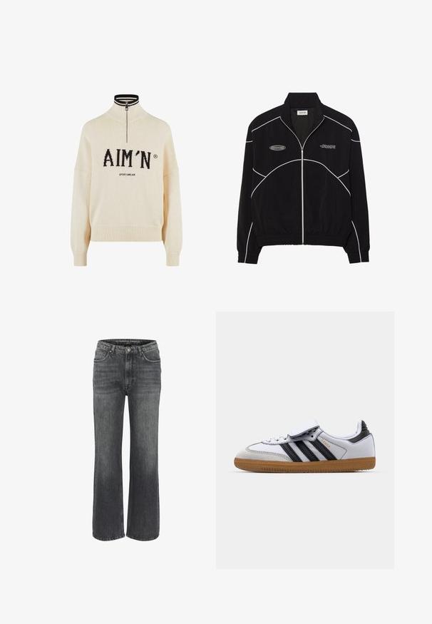 Chaqueta negra de cremallera con costuras en contraste blancas, un cuello alto, puños elasticados y un interior texturizado. Presenta un logo en el pecho.; Suéter crema con cuello alto y cremallera de un cuarto, con el logo negro "AIM'N" y el texto "SPORTSWEAR", puños y dobladillo acanalados, textura de punto.; Jeans de pierna ancha en denim gris oscuro, que cuentan con un diseño clásico de cinco bolsillos, detalles de costura y un cierre de botón en la cintura.; Zapatilla de cuero blanca con rayas negras y acentos grises, con puntera redondeada y suela de goma. Cierre con banda de velcro y cordones.