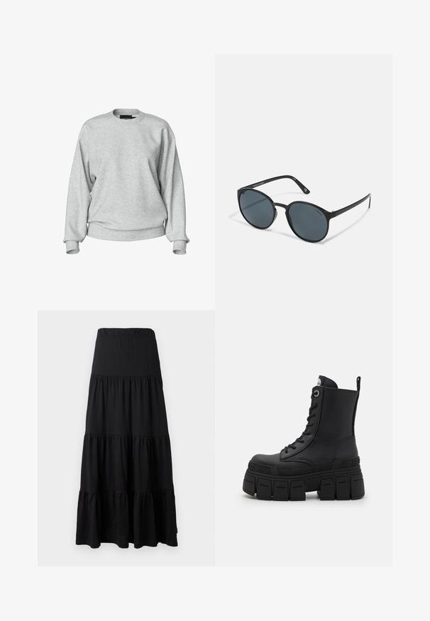 Čierna zipsová bunda s bielo kontrastným šitím, vysokým golierom, elastickými manžetami a textúrovaným interiérom. Obsahuje logo na hrudi.; Svetlošedá mikina s okrúhlym výstrihom, dlhými rukávmi, rebrovanými manžetami a voľným strihom. Vyrobená z mäkkého materiálu s minimálnymi detailmi.; Čierna maxi sukňa vyrobená z jemnej látky, s vrstveným dizajnom, elastickým pásom a volánmi na leme.; Buffalo GOSPHER LACE UP MID - Členkové šnurovacie čižmy - black; Hranaté čierne slnečné okuliare s tmavými šošovkami, vyrobené z plastu. Úzke ramienka so značkovaním na boku, s hladkým povrchom a jemnými akcentmi.