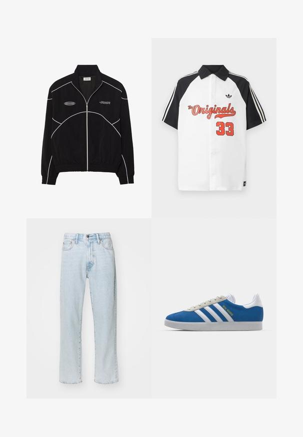 Sort zip-jakke med hvid kontrastsyning, højt krave, elastiske manchetter og en tekstureret inderside. Har et logo på brystet.; Hvid kortærmet polo t-shirt med sort krave, sorte ærmer, rød "The Originals" grafik og "33" trykt i rødt på forsiden.; LYSBLÅ lige benjeans lavet af denim, med fem lommer, lynlås og knaplukning samt en subtil fading på stoffet.; adidas Originals ADIDAS GAZELLE SHOES - Indendørsfodboldstøvler - real madrid/bluebird/footwear white/crew yellow