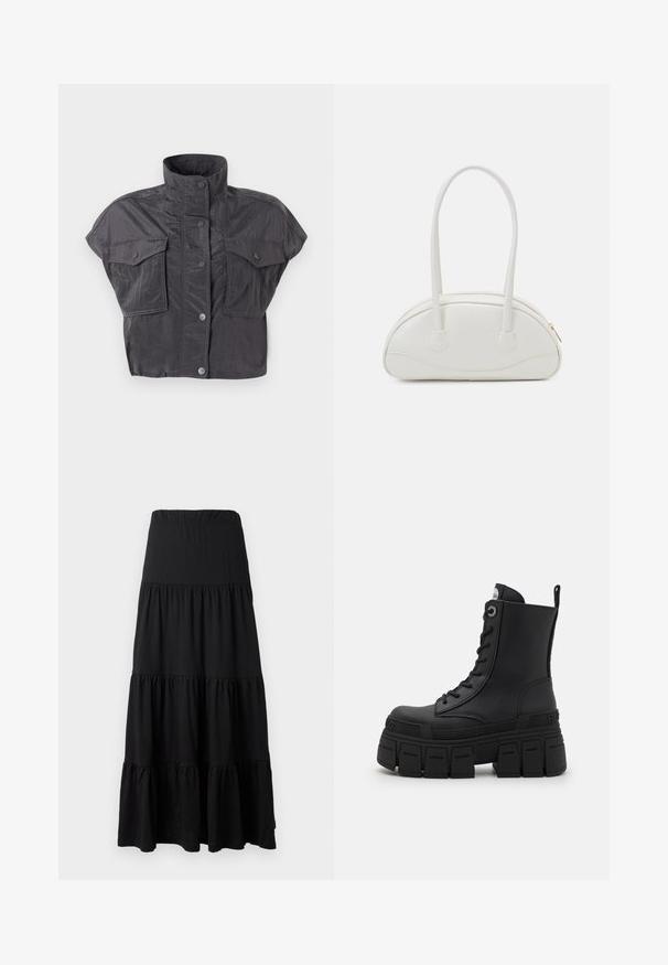 Černá zipová bunda s bílým kontrastním stehem, vysokým límcem, elastickými manžetami a texturovaným interiérem. Na hrudi je umístěno logo.; Krátká šedá zkrácená bunda s vysokým límcem, krátkými rukávy, zapínáním na knoflíky a dvěma náprsními kapsami. Vyrobena z pomačkané, texturované tkaniny.; Černá maxi sukně vyrobená z měkké tkaniny, s vrstveným designem, elastickým pasem a volánkovými detaily na lemu.; Buffalo GOSPHER LACE UP MID - Šněrovací kotníkové boty - black; Even&Odd Kabelka - off-white