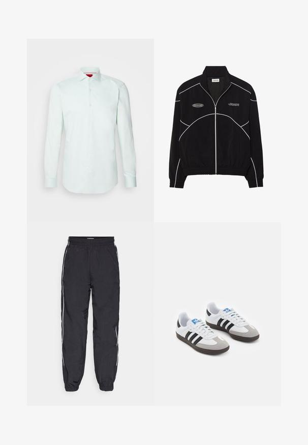 Black zip-up jacket with white contrast stitching, a high collar, elasticized cuffs, and a textured interior. Features a logo on the chest.; HUGO KASON - Shirt - light/pastel green; Set of three basic t-shirts in black, white, and light grey. Short sleeves, round neck, made from smooth cotton fabric. Brand logo visible.; Black track pants made of lightweight fabric, featuring an elastic waistband, tapered legs, and white side stripes.; Sport shoes with a white leather upper, gray suede toe, and three black stripes. Features a blue logo on the tongue and a textured rubber sole.