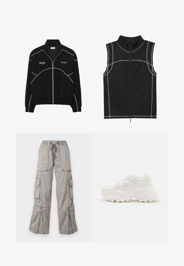 Sort zip-jakke med hvid kontrastsyning, højt krave, elastiske manchetter og en tekstureret inderside. Har et logo på brystet.; Sort ærmeløs vest lavet af et glat stof, med sølvfarvet syning og lynlåslukning foran, designet med høj krave.; Lys grå cargo bukser med elastisk talje, justerbart bånd, flere sidelommer og lynlåsåbninger i bunden. Lavet af blødt, letvægtsstof.; Hvide chunky sneakers med en tekstureret overdel, mesh-paneler og tykke gummisåler med et markant dækmønster. Snørebånd og en pull-tab medfølger.
