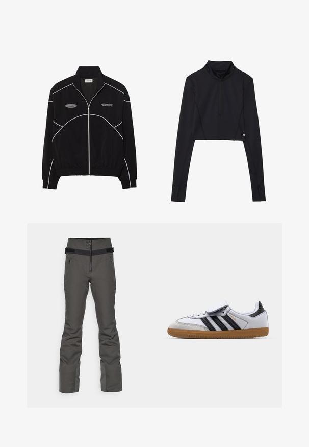 Must must riiet, millel on valged kontrastõmblused, kõrge krae, elastsed mansetid ja tekstureeritud sisemus. Rinnal on logo.; Mustast cropitud pikade varrukatega top, millel on kõrge krae ja veerandlik lukk, mugavate õmblustega ja logo aktsendiga äärisel.; Bogner Fire + Ice BORJA4 - Suusapüksid - dark green; Valge nahkne tennisepaar mustade triipudega ja hallide aktsentidega, ümara toe ja kummi kummist tallaga. Velcro lukk ja paelte sulgemine.