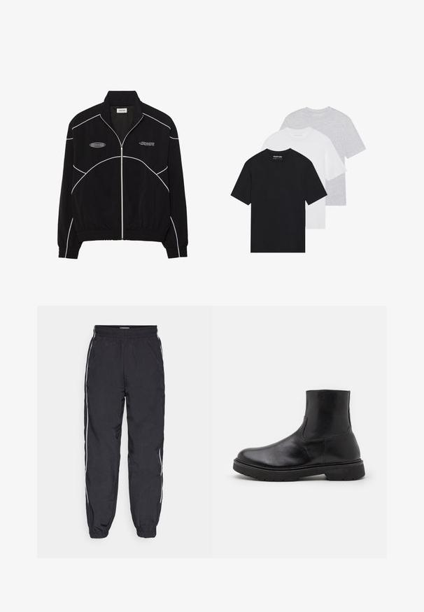 Czarna kurtka zapinana na zamek z białymi kontrastowymi szwami, wysokim kołnierzem, elastycznymi mankietami oraz teksturowanym wnętrzem. Posiada logo na klatce piersiowej.; Zestaw trzech podstawowych t-shirtów w kolorach czarnym, białym i jasnoszarym. Krótkie rękawy, okrągły dekolt, wykonane z gładkiej bawełnianej tkaniny. Widoczne logo marki.; Czarne spodnie dresowe wykonane z lekkiego materiału, z elastycznym pasem, zwężanymi nogawkami i białymi bocznymi paskami.; Czarne skórzane botki za kostkę o gładkiej fakturze, z okrągłym czubkiem i elastycznymi bocznymi panelami; masywna gumowa podeszwa dla zwiększonej trwałości.