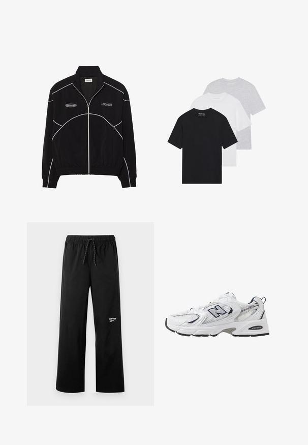 Juodas zip-up džemperis su baltu kontrastiniu siuvinėjimu, aukštu apykakle, elastinėmis rankovėmis ir tekstūruotu vidumi. Kelyje yra logotipas ant krūtinės.; Trys paprastos marškinėlių rinkinys juodos, baltos ir šviesiai pilkos spalvos. Trumpomis rankovėmis, apvaliu kaklu, pagaminti iš lygaus medvilninio audinio. Matomas prekės ženklas.; Juodi sportiniai džinsai su raišteliu juosmenyje, šoninėmis kišenėmis ir Reebok logotipu. Pagaminti iš lygaus, lengvo audinio, turintys plačią kojų formą.; Balti sportiniai batai su tinkliniu viršumi, tamsiai mėlynais akcentais ir paminkštintu padu. Yra "N" logotipas, raišteliai ir tekstūruota detalė šone.