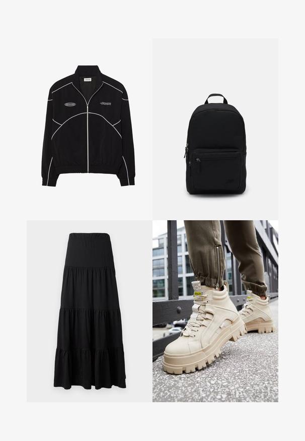 Fekete zipzáros dzseki fehér kontrasztvarrással, magas gallérral, elasztikus mandzsettákkal és strukturált belső résszel. Az elején logó található.; Fekete, hosszú ujjú teljesítmény felső, magas nyakkal, rugalmas anyagból készült, kontrasztos szürke vonalmintázattal és "MISBHV" logóval az elején.; Fekete maxisziget puha anyagból, réteges kialakítással, rugalmas derékpánttal és fodros díszítéssel az alján.; Beige magas szárú sportcipők, vastag, textúrált talppal, fűzős kialakítással és sárga díszítő címkékkel. Textúrált bőr felsőrész, kontrasztos varrással.; Fekete hátizsák, tartós szövetből készült, lekerekített formájú, elülső cipzáras zsebbel és két cipzáras rekesszel. Kicsi logó díszítés az elején.