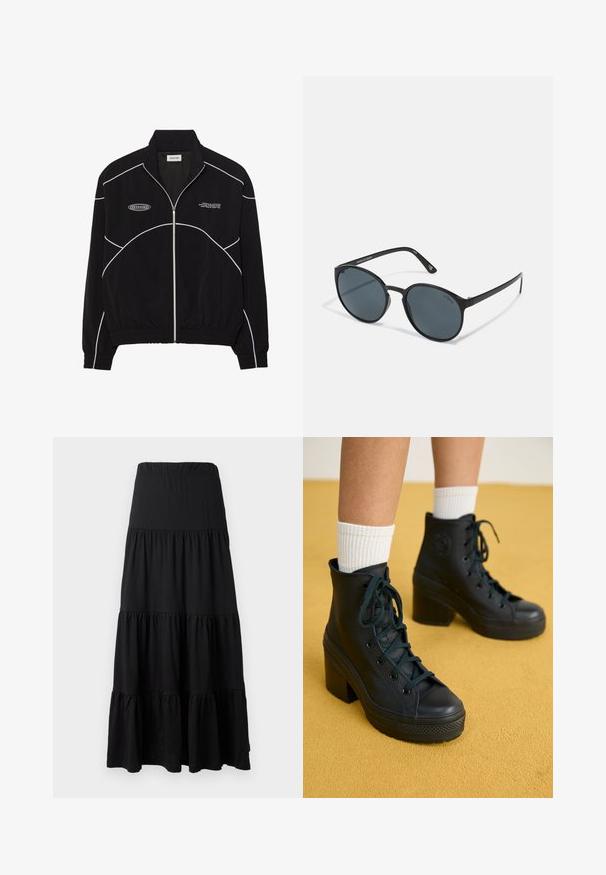 Melna jaku ar rāvējslēdzēju un baltām kontrastējošām šuvēm, augstu apkakli, elastīgām piedurknēm un teksturētu iekšpusi. Uz krūšu ir logo.; Melnā garenbiržu veiktspējas topa ar augstu apkakli, elastīgu audumu un kontrastējošām pelēkām līnijām ar "MISBHV" logo priekšpusē.; Melna maxi svārku ar mīkstu audumu, kas raksturojas ar pakāpenisku dizainu, elastīgu jostu un volānu akcents ap apakšējo malu.; Melni augstie sporta apavi ar teksturētu virsmu, aukliņu aizdare, gumijas pirksta aizsargu un masīlu papēdi, saskaņoti ar baltām ribotām zeķēm līdz potītei.; Apaļas melnas saulesbrilles ar tumšiem stikliem, izgatavotas no plastmasas. Šauras kājas ar zīmolu uz sāna, ar gludu tekstūru un izsmalcinātiem akcentiem.