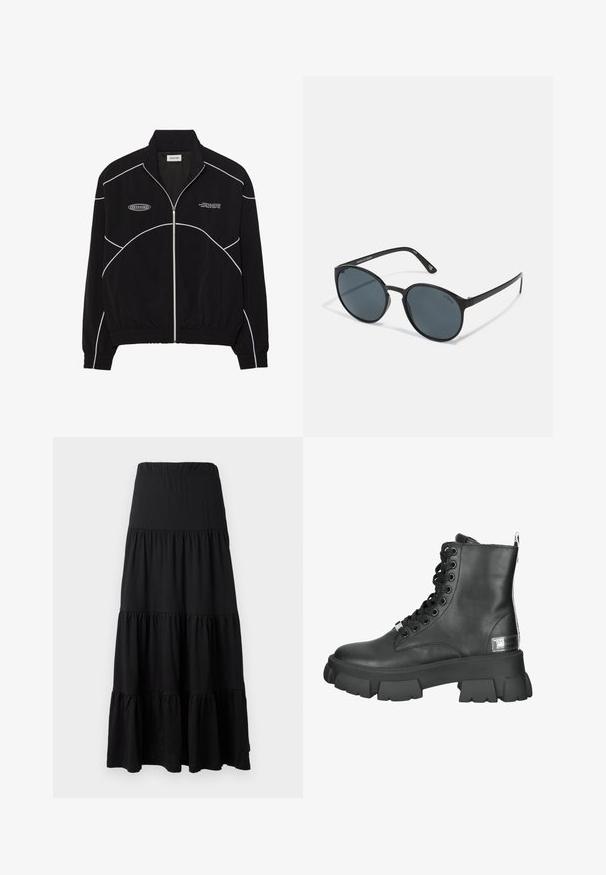 Giacca nera con zip e cuciture bianche a contrasto, colletto alto, polsini elasticizzati e interno texture. Presenta un logo sul petto.; Maglia a maniche lunghe nera performante con collo alto, tessuto elastico e motivi a linee grigie a contrasto con il logo "MISBHV" sul fronte.; Gonna maxi nera realizzata in tessuto morbido, caratterizzata da un design a strati con una vita elastica e dettagli arricciati all'orlo.; Stivaletti neri in pelle con suola piatta chunky, punta rotonda, lacci frontali con occhielli metallici e una linguetta sul retro.; Occhiali da sole rotondi neri con lenti scure, realizzati in plastica. Stemmi sottili con marchio sul lato, caratterizzati da una texture liscia e accenti discreti.