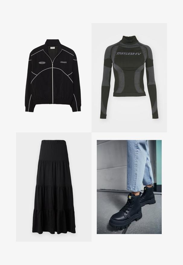 Veste noire zippée avec des coutures blanches contrastantes, un col montant, des poignets élastiques et un intérieur texturé. Présente un logo sur la poitrine.; T-shirt de performance noir à manches longues avec un col haut, en tissu extensible, et des motifs linéaires gris contrastés avec le logo "MISBHV" sur le devant.; Jupe maxi noire en tissu doux, avec un design à étages, une taille élastique et des accents volants à l'ourlet.; Bottines montantes noires en cuir texturé, avec une semelle en caoutchouc épaisse et des lacets noirs, associées à un jean en denim bleu clair retroussé.