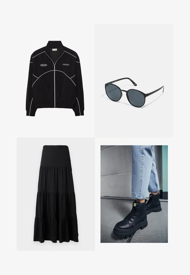 Giacca nera con zip e cuciture bianche a contrasto, colletto alto, polsini elasticizzati e interno texture. Presenta un logo sul petto.; Maglia a maniche lunghe nera performante con collo alto, tessuto elastico e motivi a linee grigie a contrasto con il logo "MISBHV" sul fronte.; Gonna maxi nera realizzata in tessuto morbido, caratterizzata da un design a strati con una vita elastica e dettagli arricciati all'orlo.; Stivali neri alti con finitura in pelle texturizzata, suola in gomma spessa e lacci neri, abbinati a jeans in denim blu chiaro con risvolto.; Occhiali da sole rotondi neri con lenti scure, realizzati in plastica. Stemmi sottili con marchio sul lato, caratterizzati da una texture liscia e accenti discreti.