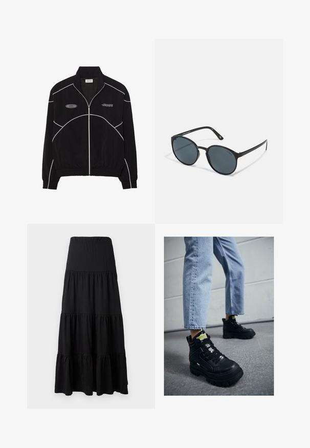 Black zip-up jacket with white contrast stitching, a high collar, elasticized cuffs, and a textured interior. Features a logo on the chest.; Black long-sleeve performance top featuring a high neck, stretch fabric, and contrasting gray line patterns with "MISBHV" logo on the front.; Black maxi skirt made of soft fabric, featuring a tiered design with an elastic waistband and ruffled accents at the hem.; Black high-top sneakers with a chunky sole, featuring lace-up design, logo accents, and yellow tags. Worn with light blue cropped jeans.; Round black sunglasses with dark lenses, made of plastic. Slim temples with branding on the side, featuring a smooth texture and subtle accents.