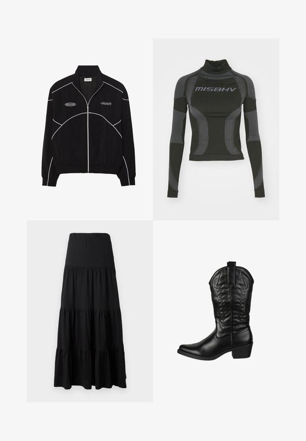 Czarna kurtka zapinana na zamek z białymi kontrastowymi szwami, wysokim kołnierzem, elastycznymi mankietami oraz teksturowanym wnętrzem. Posiada logo na klatce piersiowej.; Czarna, długorękawowa koszulka sportowa z wysokim kołnierzem, elastycznego materiału oraz kontrastowymi szarymi wzorami w linie, z logo "MISBHV" z przodu.; Czarna maxi spódnica z miękkiego materiału, z wielopoziomowym fasonem, elastycznym pasem i falbaniastymi wykończeniami u dołu.; Elara - Kowbojki i obuwie motocyklowe
