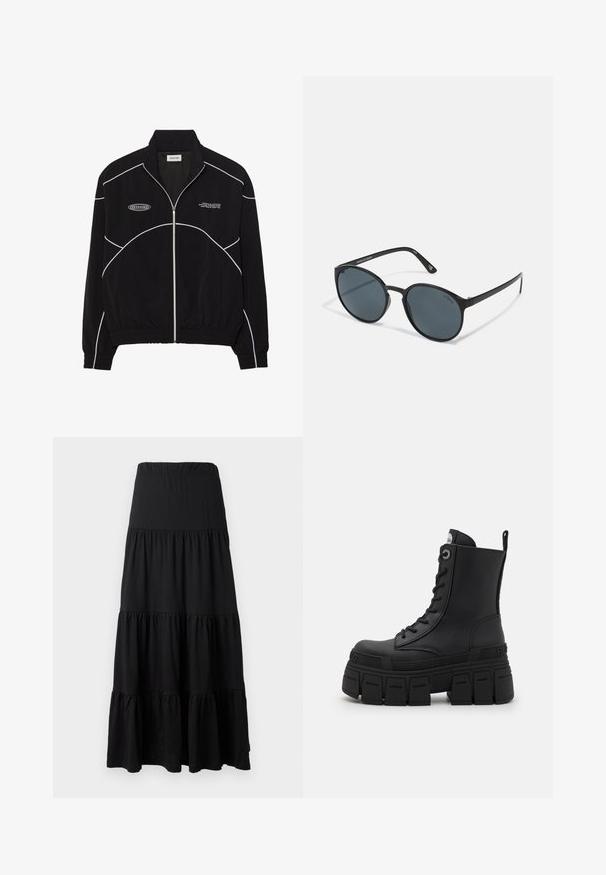 Čierna zipsová bunda s bielo kontrastným šitím, vysokým golierom, elastickými manžetami a textúrovaným interiérom. Obsahuje logo na hrudi.; Čierne dlhé rukávy výkonnostného trička so zvýšeným golierom, elastickým materiálom a kontrastnými šedými pruhmi. Na prednej strane je umiestnené logo "MISBHV".; Čierna maxi sukňa vyrobená z jemnej látky, s vrstveným dizajnom, elastickým pásom a volánmi na leme.; Buffalo GOSPHER LACE UP MID - Členkové šnurovacie čižmy - black; Hranaté čierne slnečné okuliare s tmavými šošovkami, vyrobené z plastu. Úzke ramienka so značkovaním na boku, s hladkým povrchom a jemnými akcentmi.