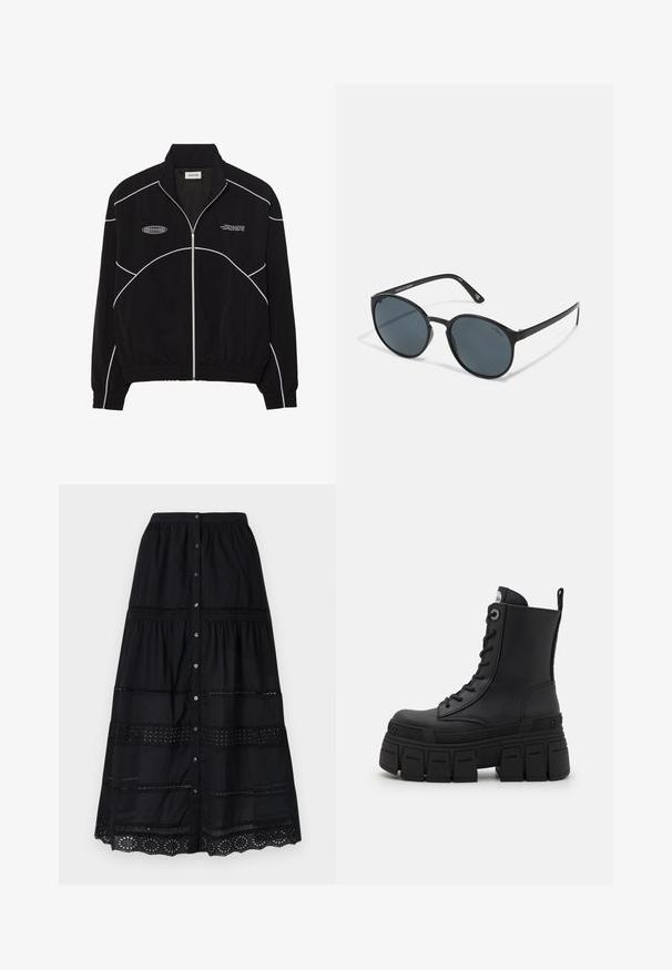 Sort zip-jakke med hvid kontrastsyning, højt krave, elastiske manchetter og en tekstureret inderside. Har et logo på brystet.; Sort langærmet performance top med høj hals, strækstof og kontrasterende grå linjemønstre med "MISBHV" logoet på fronten.; Sort knappet nederdel med et lagdelt design, der har blondertrim og en struktureret stof. Inkluderer sølvknapper foran.; Buffalo GOSPHER LACE UP MID - Snørestøvletter - black; Runde sorte solbriller med mørke linser, lavet af plast. Slanke stænger med branding på siden, prydet med en glat overflade og subtile detaljer.