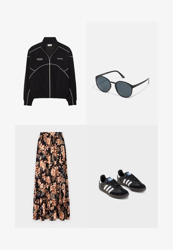 Must must riiet, millel on valged kontrastõmblused, kõrge krae, elastsed mansetid ja tekstureeritud sisemus. Rinnal on logo.; Musta pikade varrukatega jõudlusületus, millel on kõrge kaelus, elastne kangas ja kontrastsed hallid joonmustrid koos "MISBHV" logoga ees.; Mustakate lilledega maksikleit, millel on virsiku- ja kreemilised õied ning rohelised lehed. Omab kokku tõmmatud vöökohta ja volangiga ääre, et lisada tekstuuri.; Mustad tossud, mille pealseks on seemisnahk ja sünteetilised materjalid, kolme valge triibuga, tekstureeritud kummitald ja sinine logo silt keele peal.; Ümar mustad prillid tumedate läätsedega, valmistatud plastikust. Kitsad nurgad, millel on külgedel bränding, sile tekstuur ja peened aktsendid.