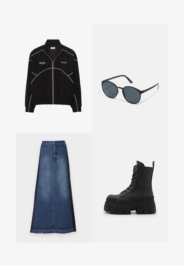 Juodas zip-up džemperis su baltu kontrastiniu siuvinėjimu, aukštu apykakle, elastinėmis rankovėmis ir tekstūruotu vidumi. Kelyje yra logotipas ant krūtinės.; Juodas ilgomis rankovėmis sportinis marškinėlis su aukštu kaklu, elastinga medžiaga ir kontrastingais pilkais raštais bei „MISBHV“ logotipu priekyje.; Denim maksi sijonas su mėlynu pagrindu ir juodomis šoninėmis dalimis, tiesaus kirpimo, su išpakavimu apačioje ir klasikiniu penkių kišenių dizainu.; Buffalo GOSPHER LACE UP MID - Suvarstomi aulinukai - black; Apvalūs juodi saulės akiniai su tamsiais lęšiais, pagaminti iš plastiko. Lieknos šventyklos su ženklinimu šone, išsiskiriantys glotnia tekstūra ir subtiliais akcentais.