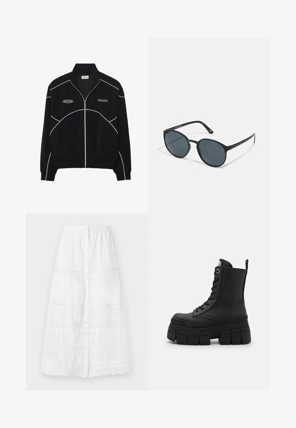 Jachetă neagră cu fermoar și cusături albe contrastante, guler înalt, manșete elasticizate și interior texturat. Prezintă un logo pe piept.; Tricou de performanță negru, cu mâneci lungi, având guler înalt, material elastic și modele de linii gri contrastante, cu logo-ul "MISBHV" pe față.; Fustă albă, cu nasturi, confecționată dintr-un material ușor, având dantelă la margine și modele brodate în secțiunile de jos și mijloc.; Buffalo GOSPHER LACE UP MID - Botine cu șireturi - black; Ochelari de soare rotunzi, negri, cu lentile întunecate, realizați din plastic. Temele subțiri cu un logo pe lateral, având o textură netedă și accente subtile.