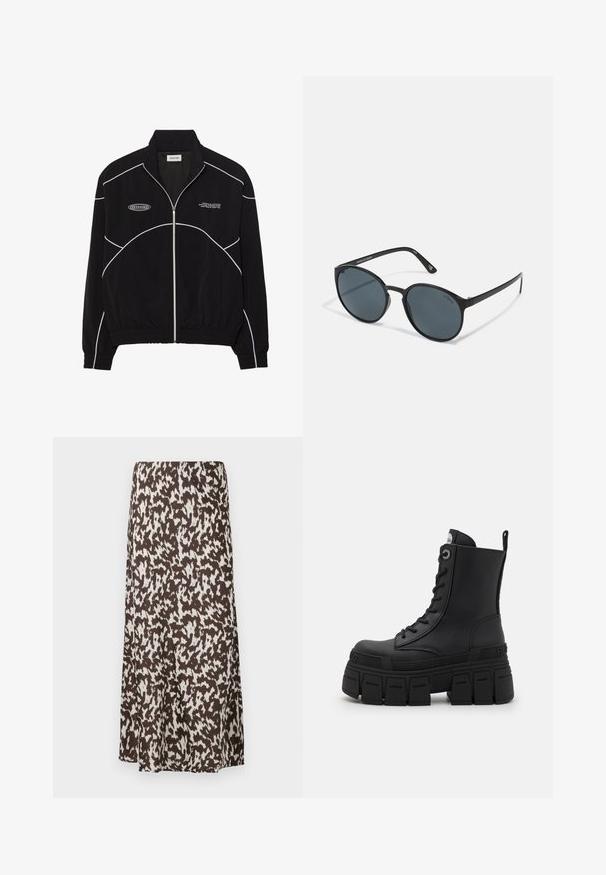 Black zip-up jacket with white contrast stitching, a high collar, elasticized cuffs, and a textured interior. Features a logo on the chest.; Black long-sleeve performance top featuring a high neck, stretch fabric, and contrasting gray line patterns with "MISBHV" logo on the front.; Brown skirt featuring a white abstract pattern, with a flowing design and smooth texture, extending to mid-calf length.; Buffalo GOSPHER LACE UP MID - Lace-up ankle boots - black; Round black sunglasses with dark lenses, made of plastic. Slim temples with branding on the side, featuring a smooth texture and subtle accents.