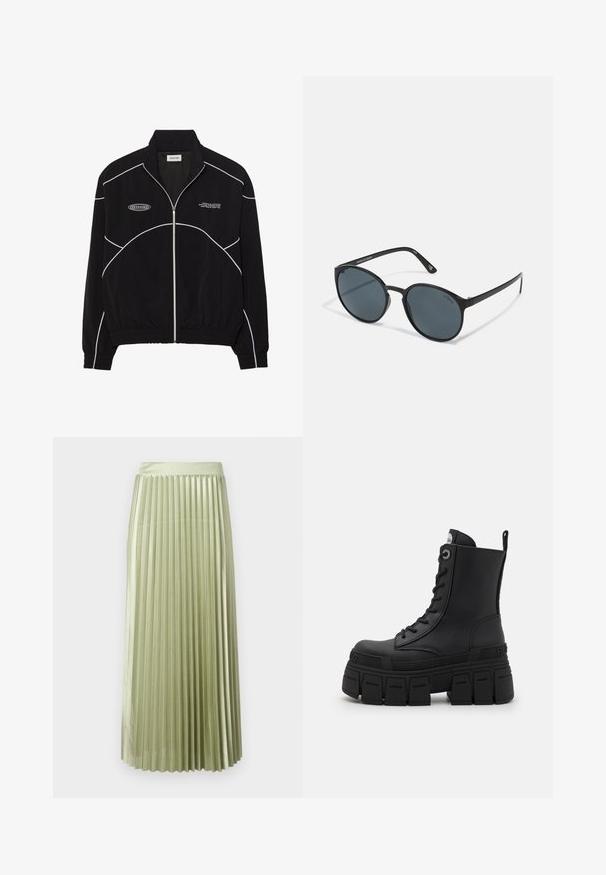 Veste noire zippée avec des coutures blanches contrastantes, un col montant, des poignets élastiques et un intérieur texturé. Présente un logo sur la poitrine.; T-shirt de performance noir à manches longues avec un col haut, en tissu extensible, et des motifs linéaires gris contrastés avec le logo "MISBHV" sur le devant.; Jupe midi plissée en satin vert clair avec une texture lisse. Taille ajustée, longueur mi-mollet, avec des plis verticaux réguliers sur toute la surface.; Buffalo GOSPHER LACE UP MID - Bottines à lacets - black; Lunettes de soleil rondes noires avec des verres foncés, en plastique. Branches fines avec une marque sur le côté, présentant une texture lisse et des accents subtils.
