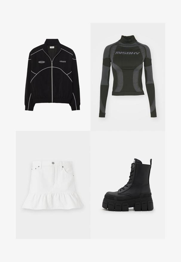 Czarna kurtka zapinana na zamek z białymi kontrastowymi szwami, wysokim kołnierzem, elastycznymi mankietami oraz teksturowanym wnętrzem. Posiada logo na klatce piersiowej.; Czarna, długorękawowa koszulka sportowa z wysokim kołnierzem, elastycznego materiału oraz kontrastowymi szarymi wzorami w linie, z logo "MISBHV" z przodu.; Biała spódnica dżinsowa z falbaną u dołu, z pięcioma kieszeniami, z zapięciem na guziki z przodu oraz metalowymi akcentami.; Buffalo GOSPHER czarny