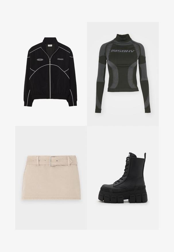 Mustapyyhehousut, joissa on valkoiset kontrastiväriset ompeleet, korkea kaulus, elastiset hihansuut ja teksturoitu sisus. Rinnassa on logo.; Mustapituinen pitkähihainen suorituspaita, jossa on korkea kaula-aukko, joustava kangas ja kontrastiväriset harmaa viivakuviot sekä "MISBHV" -logo edessä.; Abercrombie & Fitch BELTED MINI - Farkkuhame - beige; Buffalo GOSPHER LACE UP MID - Nauhalliset nilkkurit - black