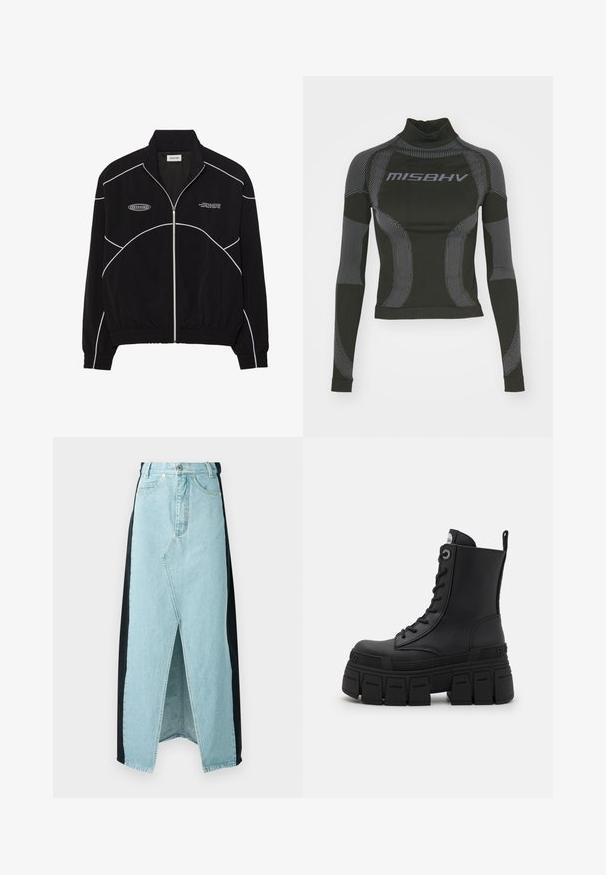 Black zip-up jacket with white contrast stitching, a high collar, elasticized cuffs, and a textured interior. Features a logo on the chest.; Black long-sleeve performance top featuring a high neck, stretch fabric, and contrasting gray line patterns with "MISBHV" logo on the front.; Denim skirt combining light blue and black materials, featuring a front slit, high waist, and structured design with standard button closure.; Buffalo GOSPHER LACE UP MID - Lace-up ankle boots - black