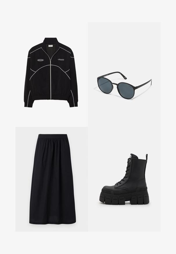 Melna jaku ar rāvējslēdzēju un baltām kontrastējošām šuvēm, augstu apkakli, elastīgām piedurknēm un teksturētu iekšpusi. Uz krūšu ir logo.; Melnā garenbiržu veiktspējas topa ar augstu apkakli, elastīgu audumu un kontrastējošām pelēkām līnijām ar "MISBHV" logo priekšpusē.; Melnas midi svārkus ar saliktu elastīgu jostasvītru, gludu tekstūru un plūstošu siluetu, kas paredzēti komfortam un vieglai kustībai.; Buffalo GOSPHER LACE UP MID - Šņorējami puszābaki - black; Apaļas melnas saulesbrilles ar tumšiem stikliem, izgatavotas no plastmasas. Šauras kājas ar zīmolu uz sāna, ar gludu tekstūru un izsmalcinātiem akcentiem.