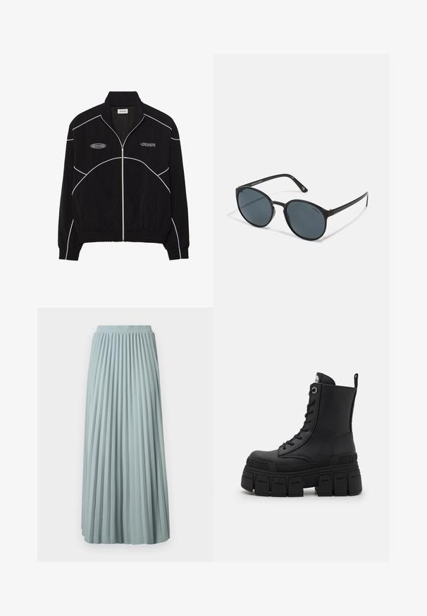 Svart hettejakke med hvit kontrastsøm, høyt krage, elastiske mansjetter og teksturert interiør. Har en logo på brystet.; Svart langermet prestasjonstrøye med høy hals, elastisk stoff og kontrasterende grå linjemønstre med "MISBHV"-logoen på fronten.; Lys blå, plissert maxiskjørt med bred elastisk midjebånd. Laget av glat ge stoff, med vertikale folder og en flytende silhuett.; Buffalo GOSPHER LACE UP MID - Snørestøvletter - black; Runde svarte solbriller med mørke linser, laget av plast. Tynne stenger med merking på siden, med en glatt tekstur og subtile detaljer.