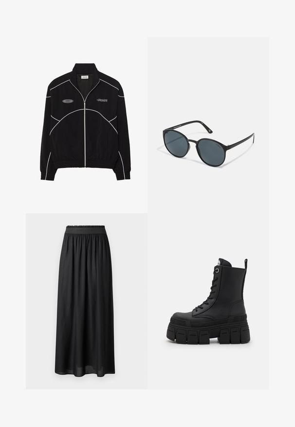 Fekete zipzáros dzseki fehér kontrasztvarrással, magas gallérral, elasztikus mandzsettákkal és strukturált belső résszel. Az elején logó található.; Fekete, hosszú ujjú teljesítmény felső, magas nyakkal, rugalmas anyagból készült, kontrasztos szürke vonalmintázattal és "MISBHV" logóval az elején.; Fekete, közép-hosszú szoknya könnyű anyagból, rugalmas derékkal és áramló sziluettel, sima textúrával.; Buffalo GOSPHER LACE UP MID - Fűzős bokacsizmák - black; Kerek fekete napszemüveg sötét lencsékkel, műanyagból készült. Karcsú szárak márkajelzéssel az oldalon, sima felülettel és finom részletekkel.