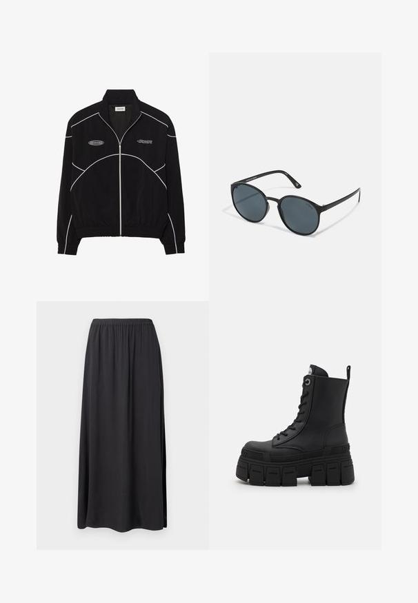 Fekete zipzáros dzseki fehér kontrasztvarrással, magas gallérral, elasztikus mandzsettákkal és strukturált belső résszel. Az elején logó található.; Fekete, hosszú ujjú teljesítmény felső, magas nyakkal, rugalmas anyagból készült, kontrasztos szürke vonalmintázattal és "MISBHV" logóval az elején.; Fekete maxi szoknya puha, folyékony anyagból. Rugalmas derékrésszel és oldalsó hasítékokkal rendelkezik, amely laza illeszkedést és sziluettet biztosít.; Buffalo GOSPHER LACE UP MID - Fűzős bokacsizmák - black; Kerek fekete napszemüveg sötét lencsékkel, műanyagból készült. Karcsú szárak márkajelzéssel az oldalon, sima felülettel és finom részletekkel.
