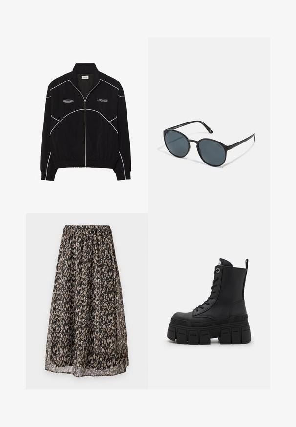 Mustapyyhehousut, joissa on valkoiset kontrastiväriset ompeleet, korkea kaulus, elastiset hihansuut ja teksturoitu sisus. Rinnassa on logo.; Mustapituinen pitkähihainen suorituspaita, jossa on korkea kaula-aukko, joustava kangas ja kontrastiväriset harmaa viivakuviot sekä "MISBHV" -logo edessä.; Musta midi-hame kevytkangasta, jossa on kukkakuosi tan- ja kerma-väreissä. Joustava vyötärö vyö, joka mahdollistaa säädettävän istuvuuden.; Buffalo GOSPHER LACE UP MID - Nauhalliset nilkkurit - black; Pyöreät mustat aurinkolasit tummilla linsseillä, valmistettu muovista. Kapeat vartaat, jossa brändäys sivussa, hienojakoinen pinta ja hillityt yksityiskohdat.