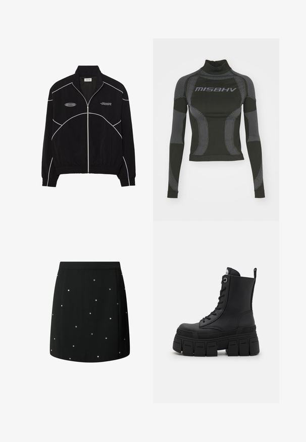 Zwarte zip-up jas met witte contrasterende stiksels, een hoge kraag, elastische manchetten en een gestructureerde binnenkant. Bevat een logo op de borst.; Zwarte langemouwen prestatie-top met hoge hals, stretchstof en contrasterende grijze lijnpatronen met het "MISBHV"-logo aan de voorkant.; Zwarte rok van stof met een gladde textuur, versierd met verspreide zilveren studs als accenten. Rechte snit met een schone zoom.; Buffalo GOSPHER LACE UP MID - Veterboots - black