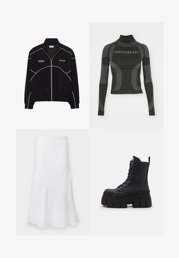 Veste noire zippée avec des coutures blanches contrastantes, un col montant, des poignets élastiques et un intérieur texturé. Présente un logo sur la poitrine.; T-shirt de performance noir à manches longues avec un col haut, en tissu extensible, et des motifs linéaires gris contrastés avec le logo "MISBHV" sur le devant.; Jupe blanche avec une coupe en A fluide, fabriquée dans un tissu léger. Texture lisse, longueur genou, arborant un design simple sans motifs.; Buffalo GOSPHER LACE UP MID - Bottines à lacets - black