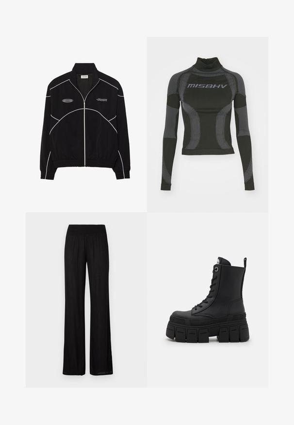 Melna jaku ar rāvējslēdzēju un baltām kontrastējošām šuvēm, augstu apkakli, elastīgām piedurknēm un teksturētu iekšpusi. Uz krūšu ir logo.; Melnā garenbiržu veiktspējas topa ar augstu apkakli, elastīgu audumu un kontrastējošām pelēkām līnijām ar "MISBHV" logo priekšpusē.; Melni platleņķa bikses ar elastīgu jostu, izgatavotas no viegla auduma ar smalku tekstūru un taisnu, plūstošu griezumu.; Buffalo GOSPHER LACE UP MID - Šņorējami puszābaki - black