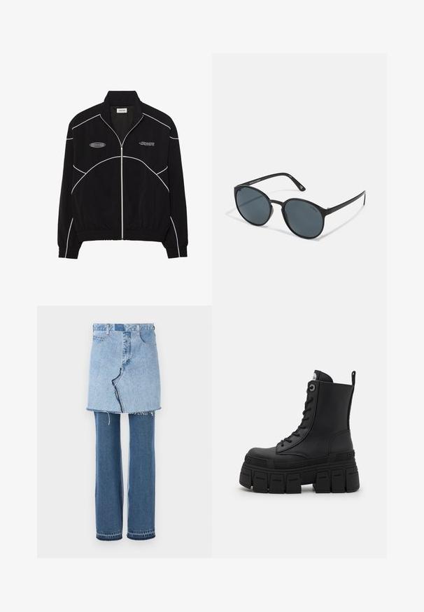 Chaqueta negra de cremallera con costuras en contraste blancas, un cuello alto, puños elasticados y un interior texturizado. Presenta un logo en el pecho.; Camiseta de rendimiento negra de manga larga con cuello alto, tela elástica y patrones de líneas grises contrastantes con el logo "MISBHV" en el frente.; Prenda de denim que combina una mini falda de color azul claro en la parte superior y jeans acampanados de color azul oscuro en la parte inferior; presenta un dobladillo deshilachado y una textura clásica de denim.; Buffalo GOSPHER LACE UP MID - Botines con cordones - black; Gafas de sol redondas negras con lentes oscuros, fabricadas en plástico. Patillas delgadas con marca en el lateral, que presentan una textura suave y acentos sutiles.