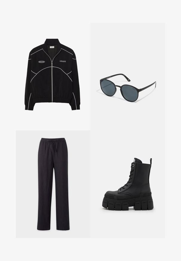 Giacca nera con zip e cuciture bianche a contrasto, colletto alto, polsini elasticizzati e interno texture. Presenta un logo sul petto.; Maglia a maniche lunghe nera performante con collo alto, tessuto elastico e motivi a linee grigie a contrasto con il logo "MISBHV" sul fronte.; Pantaloni neri leggeri a gamba dritta con vita elastica e coulisse. Texture liscia, senza motivi visibili o accessori.; Buffalo GOSPHER LACE UP MID - Stivaletti stringati - black; Occhiali da sole rotondi neri con lenti scure, realizzati in plastica. Stemmi sottili con marchio sul lato, caratterizzati da una texture liscia e accenti discreti.