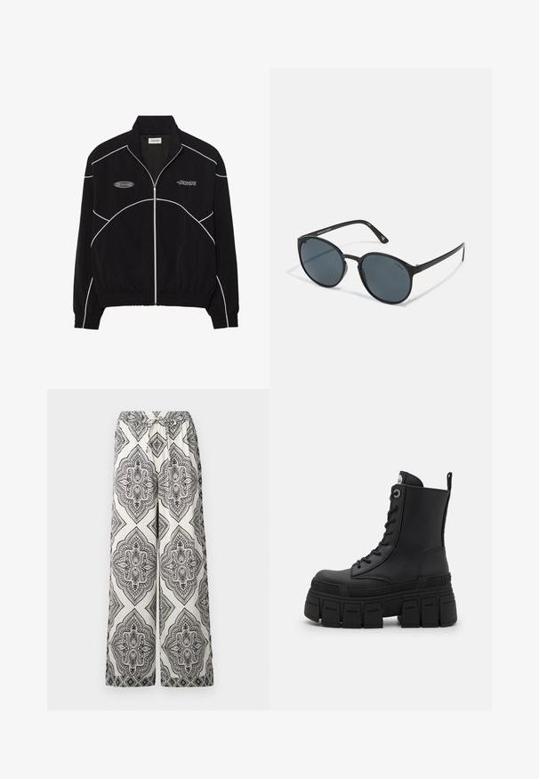 Veste noire zippée avec des coutures blanches contrastantes, un col montant, des poignets élastiques et un intérieur texturé. Présente un logo sur la poitrine.; T-shirt de performance noir à manches longues avec un col haut, en tissu extensible, et des motifs linéaires gris contrastés avec le logo "MISBHV" sur le devant.; Pantalons à jambes larges en crème avec un motif de diamant orné noir. Dotés d'une taille élastique avec un lien décoratif et d'une texture lisse.; Buffalo GOSPHER LACE UP MID - Bottines à lacets - black; Lunettes de soleil rondes noires avec des verres foncés, en plastique. Branches fines avec une marque sur le côté, présentant une texture lisse et des accents subtils.