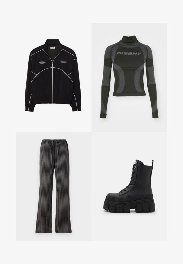 Fekete zipzáros dzseki fehér kontrasztvarrással, magas gallérral, elasztikus mandzsettákkal és strukturált belső résszel. Az elején logó található.; Fekete, hosszú ujjú teljesítmény felső, magas nyakkal, rugalmas anyagból készült, kontrasztos szürke vonalmintázattal és "MISBHV" logóval az elején.; Fekete és fehér csíkos pizsama nadrág, húzózsinórral a deréknál, széles lábakkal és puha, struktúrált anyagból, függőleges vonalakkal.; Buffalo GOSPHER LACE UP MID - Fűzős bokacsizmák - black