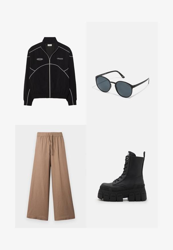 Mustapyyhehousut, joissa on valkoiset kontrastiväriset ompeleet, korkea kaulus, elastiset hihansuut ja teksturoitu sisus. Rinnassa on logo.; Mustapituinen pitkähihainen suorituspaita, jossa on korkea kaula-aukko, joustava kangas ja kontrastiväriset harmaa viivakuviot sekä "MISBHV" -logo edessä.; Vaatteet leveälahkeiset housut kevyessä ruskeassa kankaassa, joissa on joustava vyötärö ja nauhakuji, sekä sileä, teksturoitu pinta.; Buffalo GOSPHER LACE UP MID - Nauhalliset nilkkurit - black; Pyöreät mustat aurinkolasit tummilla linsseillä, valmistettu muovista. Kapeat vartaat, jossa brändäys sivussa, hienojakoinen pinta ja hillityt yksityiskohdat.