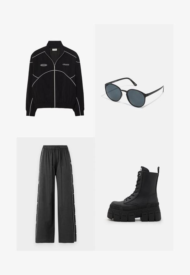 Giacca nera con zip e cuciture bianche a contrasto, colletto alto, polsini elasticizzati e interno texture. Presenta un logo sul petto.; Maglia a maniche lunghe nera performante con collo alto, tessuto elastico e motivi a linee grigie a contrasto con il logo "MISBHV" sul fronte.; Pantaloni neri a gamba larga con vita elastica e coulisse, caratterizzati da dettagli ricamati bianchi lungo la cucitura laterale. Texture liscia.; Buffalo GOSPHER LACE UP MID - Stivaletti stringati - black; Occhiali da sole rotondi neri con lenti scure, realizzati in plastica. Stemmi sottili con marchio sul lato, caratterizzati da una texture liscia e accenti discreti.