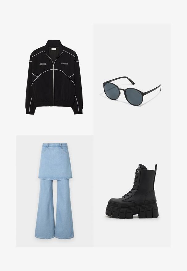 Černá zipová bunda s bílým kontrastním stehem, vysokým límcem, elastickými manžetami a texturovaným interiérem. Na hrudi je umístěno logo.; Černý dlouhý rukáv výkonnostního topu s vysokým límcem, elastickým materiálem a kontrastními šedými liniemi s logem "MISBHV" na přední straně.; Hybrid džínsová sukně a kalhoty, vyrobená z světle modré látky, s rozšířenými nohavicemi a viditelnými švy. Navržena s předními kapsami a pasem.; Buffalo GOSPHER LACE UP MID - Šněrovací kotníkové boty - black; Kulaté černé sluneční brýle s tmavými skly, vyrobené z plastu. Úzké nožičky s logem na straně, s hladkým povrchem a jemnými akcenty.