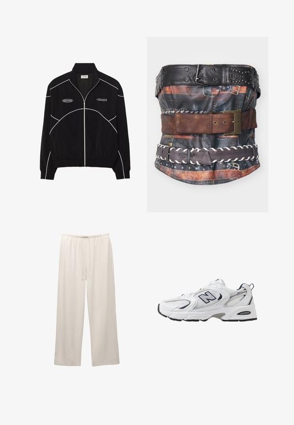 Zwarte zip-up jas met witte contrasterende stiksels, een hoge kraag, elastische manchetten en een gestructureerde binnenkant. Bevat een logo op de borst.; Leren korset met meerdere riemen in verschillende kleuren: zwart met studs, bruin leer en een gevlochten donkerbruine riem. Geweven stof met patronen.; Lichtgekleurde, wijdvallende broeken gemaakt van zachte stof met een elastische tailleband en verstelbaar trekkoord voor comfort.; Witte sport schoen met mesh bovenkant, marineblauwe accenten en een gehoorzaamde zool. Bevat het "N" logo, veters en een gestructureerde detail aan de zijkant.