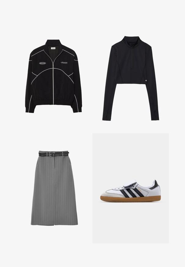 Schwarze Zip-Jacke mit weißen Kontrastnähten, hoher Kragen, elastischen Bündchen und strukturiertem Innenfutter. Verfügt über ein Logo auf der Brust.; Schwarzes, kurzes Langarmoberteil mit hohem Kragen, ausgestattet mit einem Viertelreißverschluss und gesteppten Details entlang der Ärmel und dem Saum.; Grauer Nadelstreifenrock mit geradem Schnitt, einer vorderen Falte und einem doppelten schwarzen Gürteldetail an der Taille.; Weiße Ledersneaker mit schwarzen Streifen und grauen Akzenten, ausgestattet mit einer runden Zehenpartie und einer Laufsohle aus Gummi. Mit Klettverschluss und Schnürung.