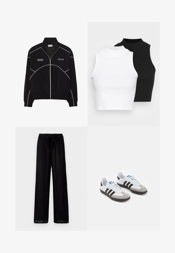 Svart zip-up jacka med vit kontrastsöm, hög krage, elastiska ärmslut och en strukturerad insida. Har en logotyp på bröstet.; Två ärmlösa ribbade polotröjor i svart och vitt, med en figursydd design och slät textur, i en kortad längd.; Svart vida byxor med en texturerad tyg, med en knytning i midjan och en avslappnad passform. Det nedre kantet är något genomskinligt med en rak silhuett.; Sportskor med överdel i vit läder, grå mocka på tårna och tre svarta ränder. Har en blå logotyp på tungan och en texturerad gummisula.