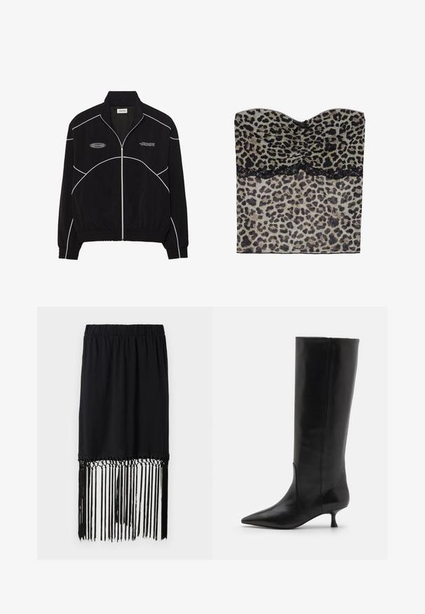 Fekete zipzáros dzseki fehér kontrasztvarrással, magas gallérral, elasztikus mandzsettákkal és strukturált belső résszel. Az elején logó található.; Leopárd mintás pánt nélküli top, redős textúrával, fekete csipkeborítással az alján, könnyű anyagból készült.; Fekete szoknya elasztikus derékkal és bojtokkal a szegélyén. A bojtok vékony cérnákból készültek, ami textúrát és részletgazdagságot ad a dizájnhoz.; Stuart Weitzman BOOT - Csizmák - black